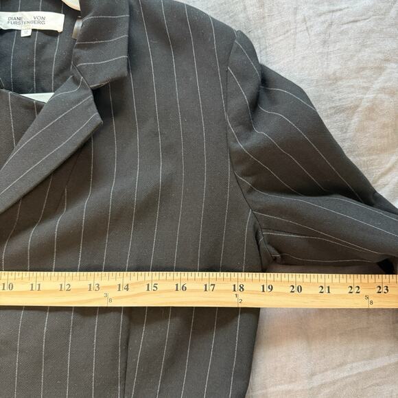 Diane Von Furstenberg Pin Stripe Blazer Asymmetrical Belted Jacket Black 12 $529 - Picture 9 of 11